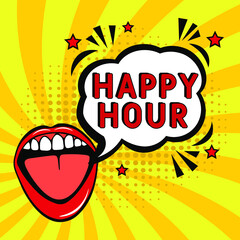 Comic book explosion with text Happy Hour, vector illustration. Happy Hour in comic pop art style. Comic advertising concept with Happy Hour wording. Modern Web Banner Element