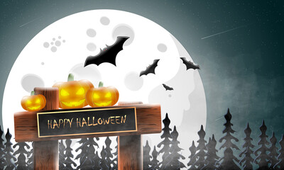 Happy Halloween banner for your design, ominous pumpkins on the background of the night forest and the moon in the fog with bats, vector illustration