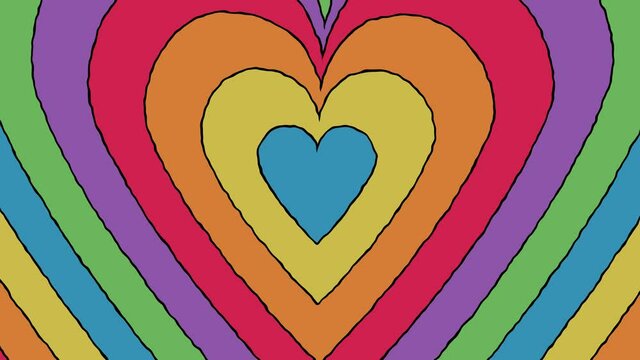 Looped animation of psychedelic concentric colored hearts with cartoon style