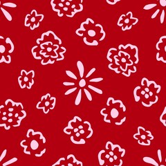 Simple floral vector seamless pattern. Light pink flowers on a burgundy background. For prints of fabric, textile products, clothing, stationery.