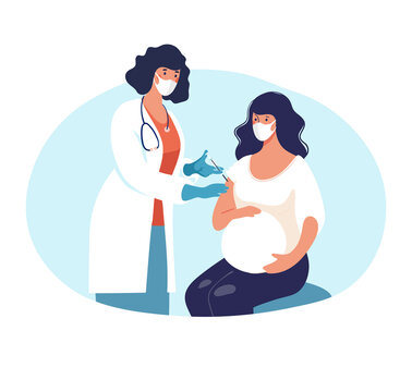 A pregnant woman is vaccinated at a doctor s office, an appointment at a clinic, pregnancy health. Cartoon flat vector illustration isolated on white background.