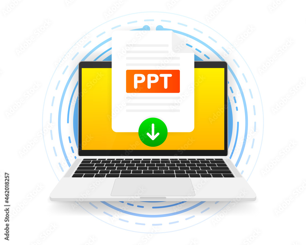 Poster download ppt icon file with label on screen computer. downloading document concept. vector illustrat