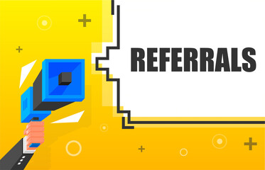 Referrals banner template. Marketing flyer with megaphone. Isometric and pixel style. Template for retail promotion and announcement. Vector illustration.