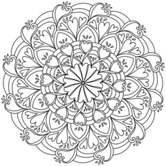Mandala with hearts, drops and ornate patterns, meditative coloring page for valentines day