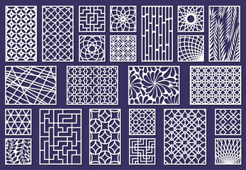 Laser cut template patterns, paper art or metal cutting panels. Abstract texture decorative laser cut panels vector illustration set. Cutting engraving panels