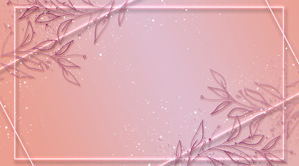 Luminous white picture frame on an artistic background with floral elements and star dust in shades of pink. Plenty of space for your own text or other design elements.