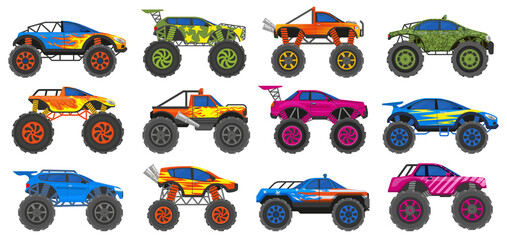 Monster heavy trucks, extreme race large wheels cars. Extreme show heavy cars, big wheels vehicles vector illustration set. Monster trucks transport © WinWin