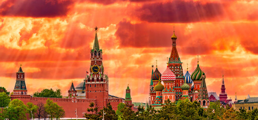 Panorama of the Moscow. Beautiful cityscape of the famous Moscow center at sunset