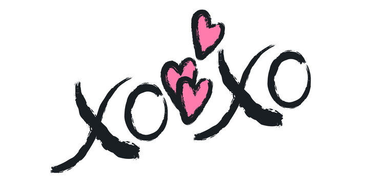 Grunge pattern with XOXO hand written phrase and hearts isolated on white. Hugs and kisses sign. Modern ink calligraphy. Design for Valentines Day, wedding invitation card. Vector illustration