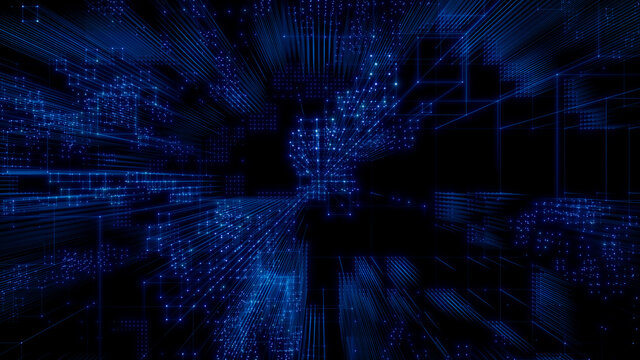 Quantum Computer Architecture. Futuristic Smart Grid and Global Connectivity Concept. Blue Tech Background. 3D Render.