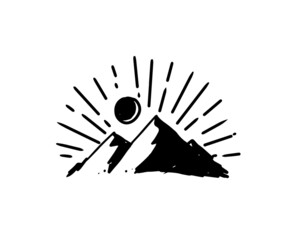 the illustration of mountains with a sun in the middle. a silhouette hand-drawn doodle in vector graphic for symbol, logo, icon, etc.