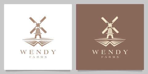 windmill farming Landscape natural garden village retro vintage logo design