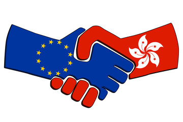 Handshake of countries with flags. Business partnership connection concept of the European Union and Hong Kong. Trade cooperation, Political relations friendship and peace. illustration.