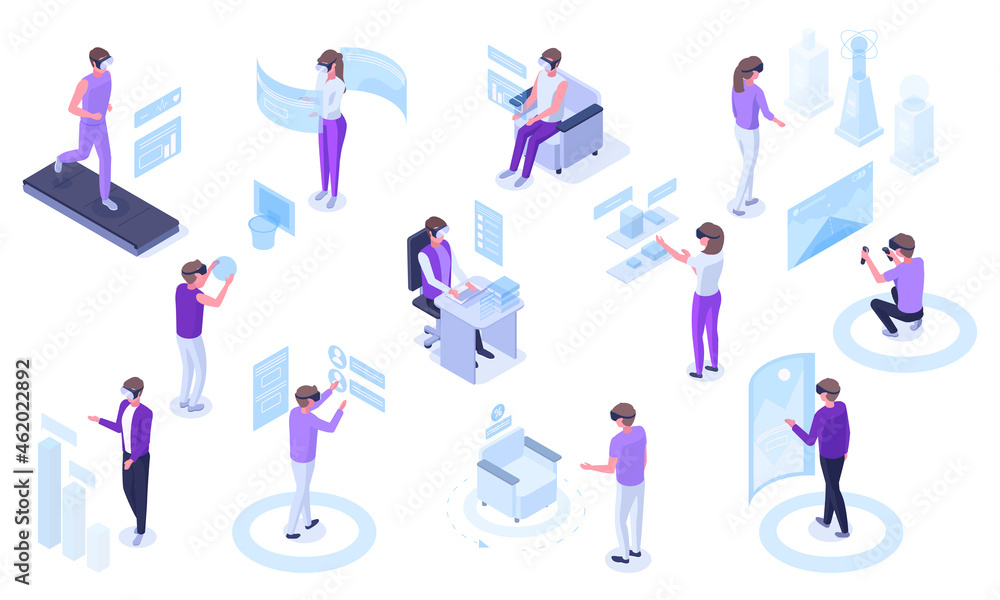 Aufkleber isometric virtual reality futuristic simulations technology. people in vr glasses immersion in simul