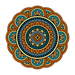 Vector mandala isolated on white background. Pattern in blue and orange colors. Vintage decorative element for design