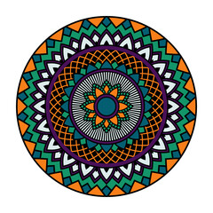 Vector mandala isolated on white background. Pattern in green, blue and orange colors. Vintage decorative element for design