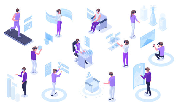 Isometric virtual reality futuristic simulations technology. People in vr glasses immersion in simulation world vector illustration set. Augmented virtual reality