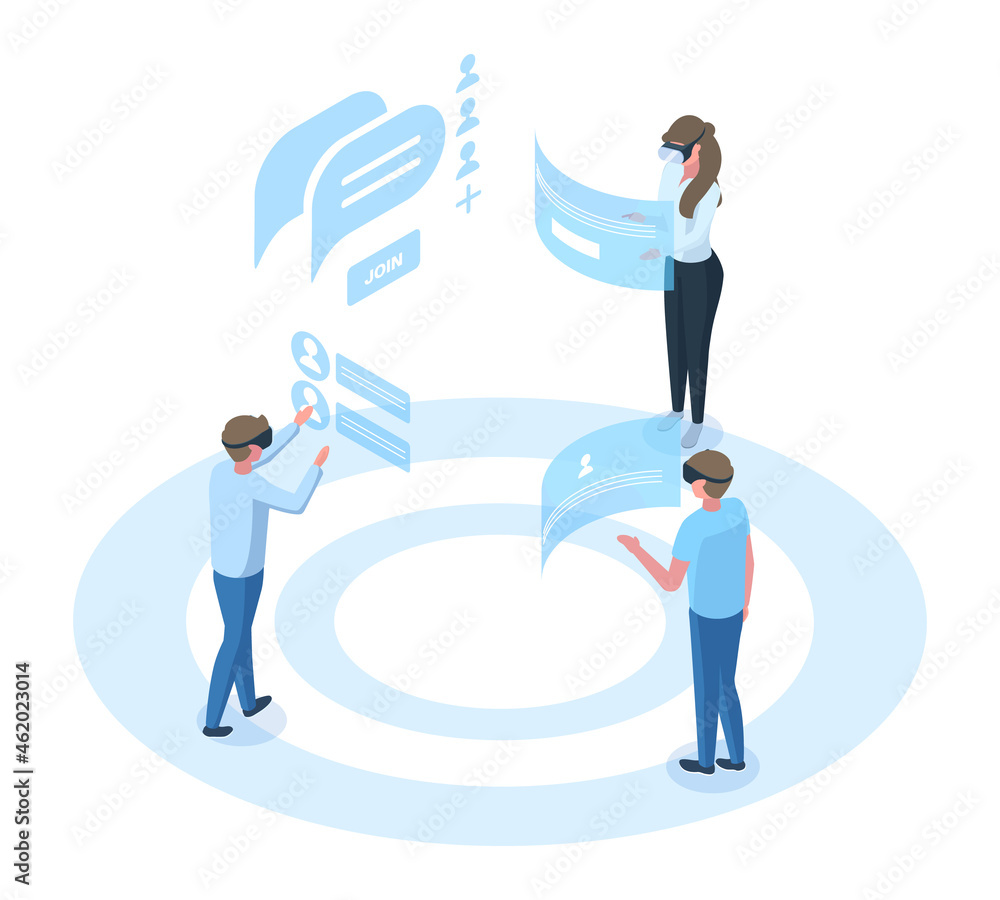 Aufkleber isometric people virtual reality communication simulation technology. characters wearing headsets ch