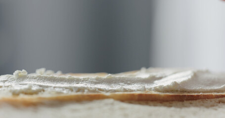 cream cheese on fresh baguette slice to make sandwich closeup