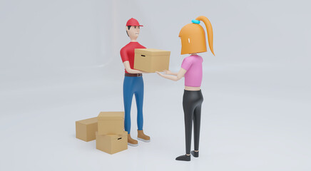 3d rendering young woman receiving parcel from delivery service courier.delivery concept.