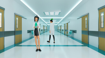 3d rendering female doctor using her digital tablet in the consultation on hospital background.