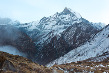 Obraz premium View of Mount Machapuchare from Nepali meaning Fishtail Mountain, Annapurna Conservation Area, Himalaya, Nepal.