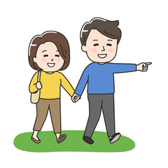 The couple happily goes traveling hand in hand. Vector illustration on a white background.