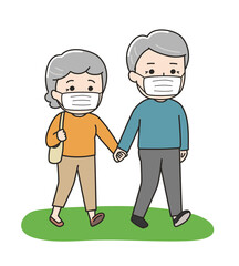 The elderly couple with a mask goes traveling hand in hand. Vector illustration on a white background.