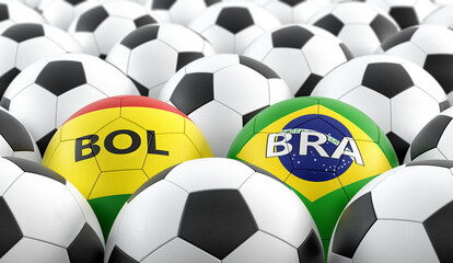 Obraz premium Brazil vs. Bolivia Soccer Match - Leather balls in Brazil and Bolivia national colors. 3D Rendering 