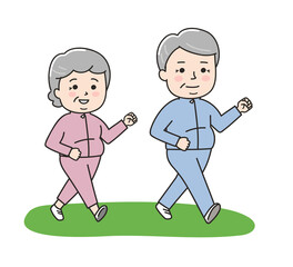 The elderly chubby couple diet to lose weight by walking. Vector illustration on a white background.