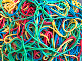Close up of multicoloured spaghetti 