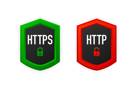 HTTP and HTTPS protocols, safe web surfing and data encryption. Browser Address Showing Secure and Insecure Web Addresses. Vector illustration.