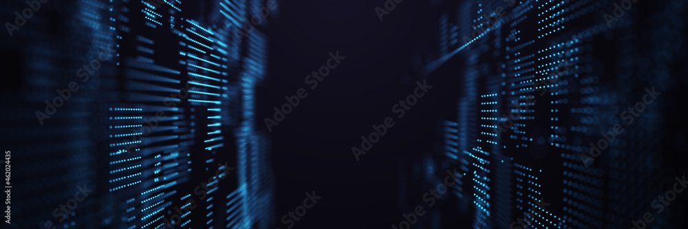 Poster digital background with moving glowing particles. futuristic hi-tech illustration. concept of data t
