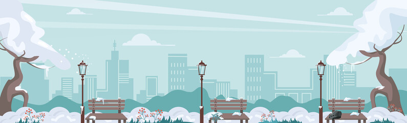Fototapeta na wymiar Beautiful winter panorama of the park with trees, benches, lanterns, city silhouette. Christmas concept. Vector illustration.