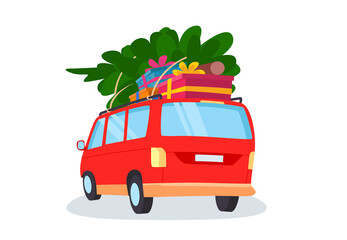 Car with gifts and christmas tree. A cute red van. Flat cartoon style vector illustration.