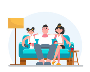Happy family watching tv while sitting on the sofa in the living room. Dad, mom and daughter. Vector illustration in flat style.