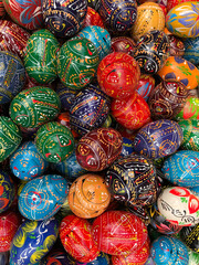 Fototapeta na wymiar Brightly painted Easter eggs on Display