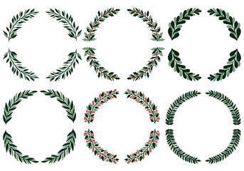 A set of Christmas wreaths frames of green leaves and berries for decorating a Christmas card.