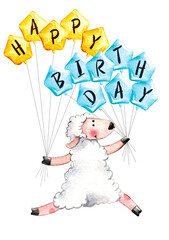 happy birthday card watercolor character sheep balloons 