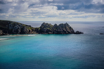 Beautiful sea scenery at Minack Theatre on a sunny day in Cornwall, Porthcurno, England 