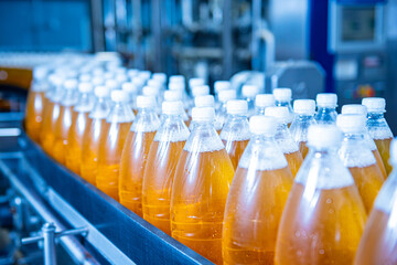 Conveyor belt with bottles for juice or water at a modern beverage plant