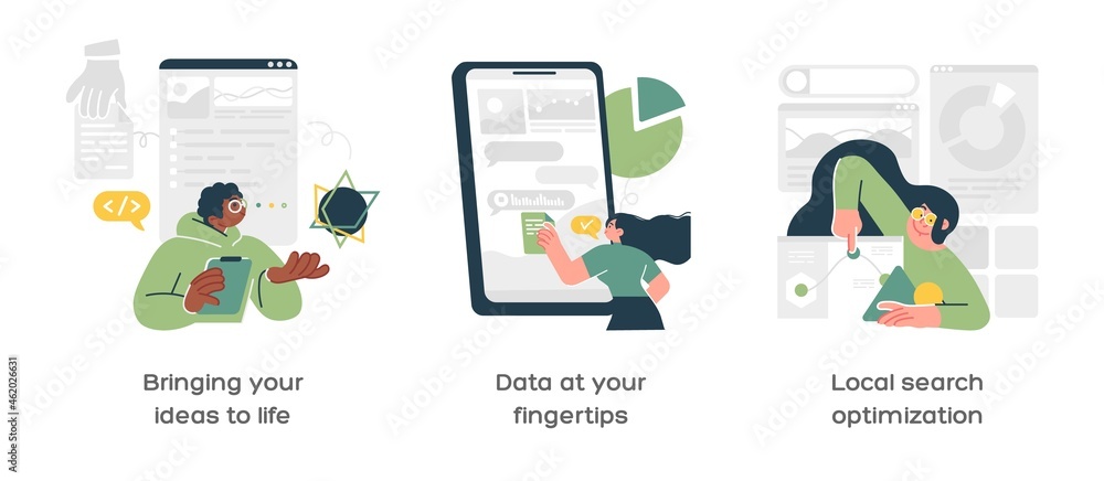 Poster enterprise strategy development abstract concept vector illustration set. business analytics and bus
