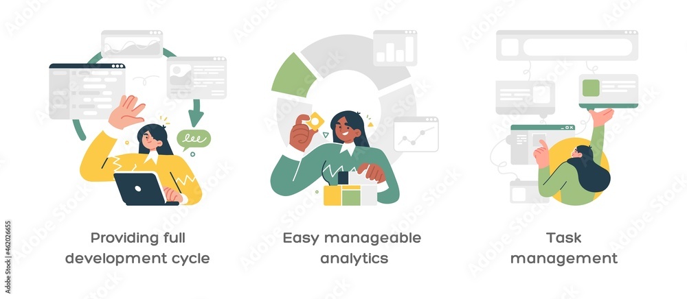 Poster creative business abstract concept vector illustration set. development cycle, manageable analytics,
