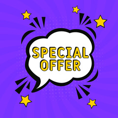 Comic book explosion with text Special offer, vector illustration. Special offer in comic pop art style. Comic advertising concept with Special offer wording. Modern Web Banner Element