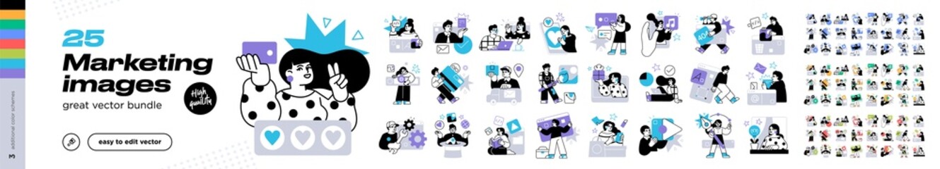 Social Media Marketing illustrations. Mega set. Collection of scenes with men and women taking part in business activities. Trendy vector style - obrazy, fototapety, plakaty