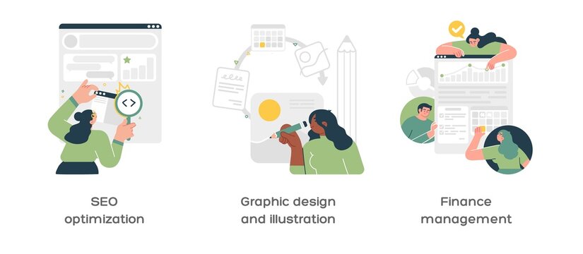 Creative business abstract concept vector illustration set. Seo optimization, Graphic design and illustration, Finance management abstract metaphor