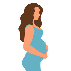 Pregnant woman with a big belly. Girl with long hair and in a dress. The joy of motherhood. Waiting for the birth of a child. Simple flat color vector illustration.