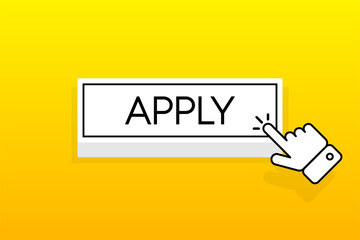 White 3D button with the inscription Apply, isolated on a yellow background. Mouse cursor. Simple design. Vector illustration.