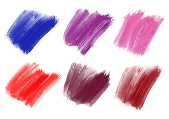 Muestra de pintalabios. Colección paleta de colores azul, morado, rosa, rojo, burdeos y rojo. Mancha de maquillaje.