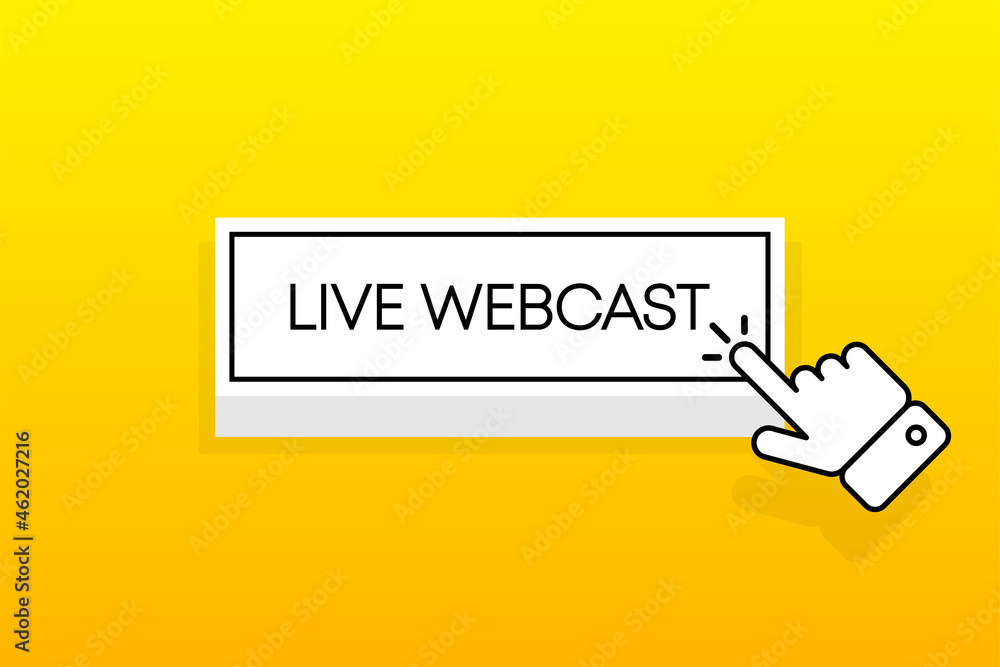 Poster white 3d button with the inscription live webcast, isolated on a yellow background. mouse cursor. si